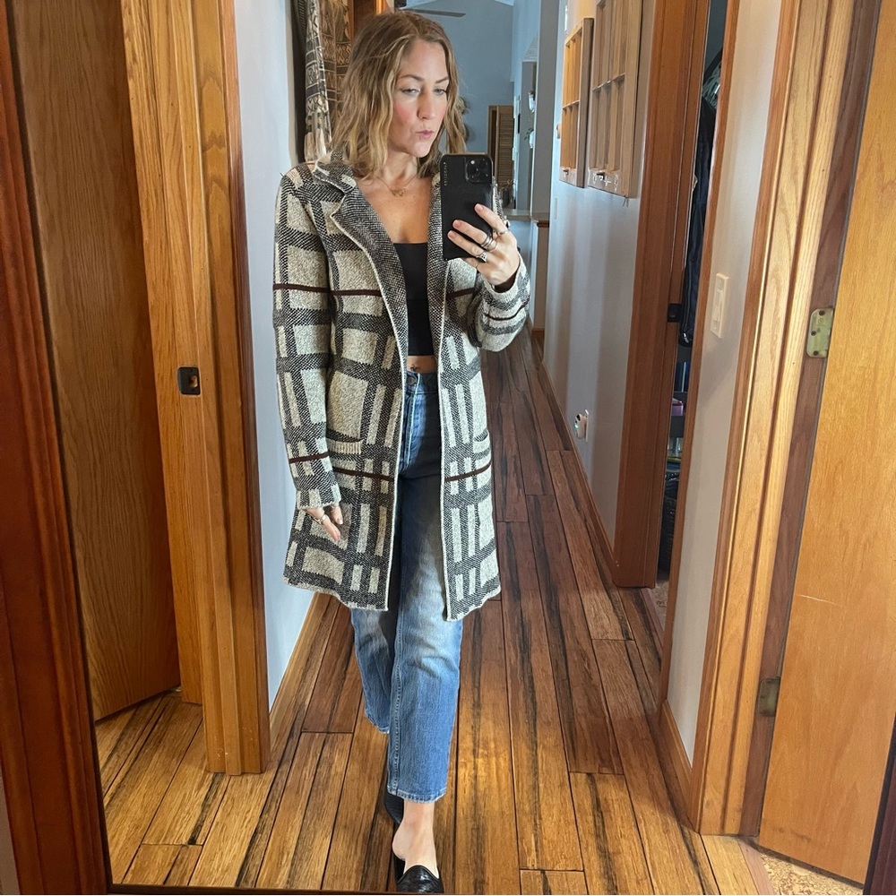 Monteau Gray and Brown Plaid Long Sweater Coat